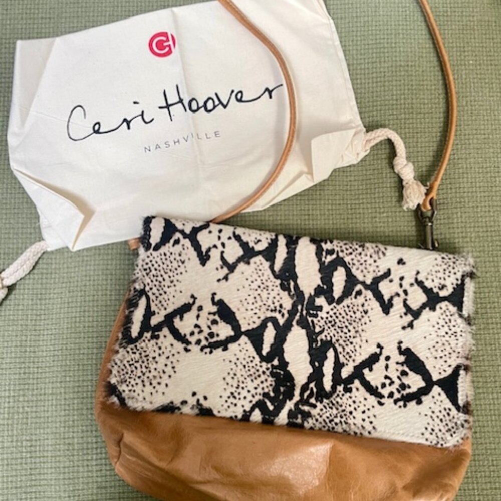 Ceri Hoover Crossbody/Clutch Animal Hair On Hide Distressed Camel Leather